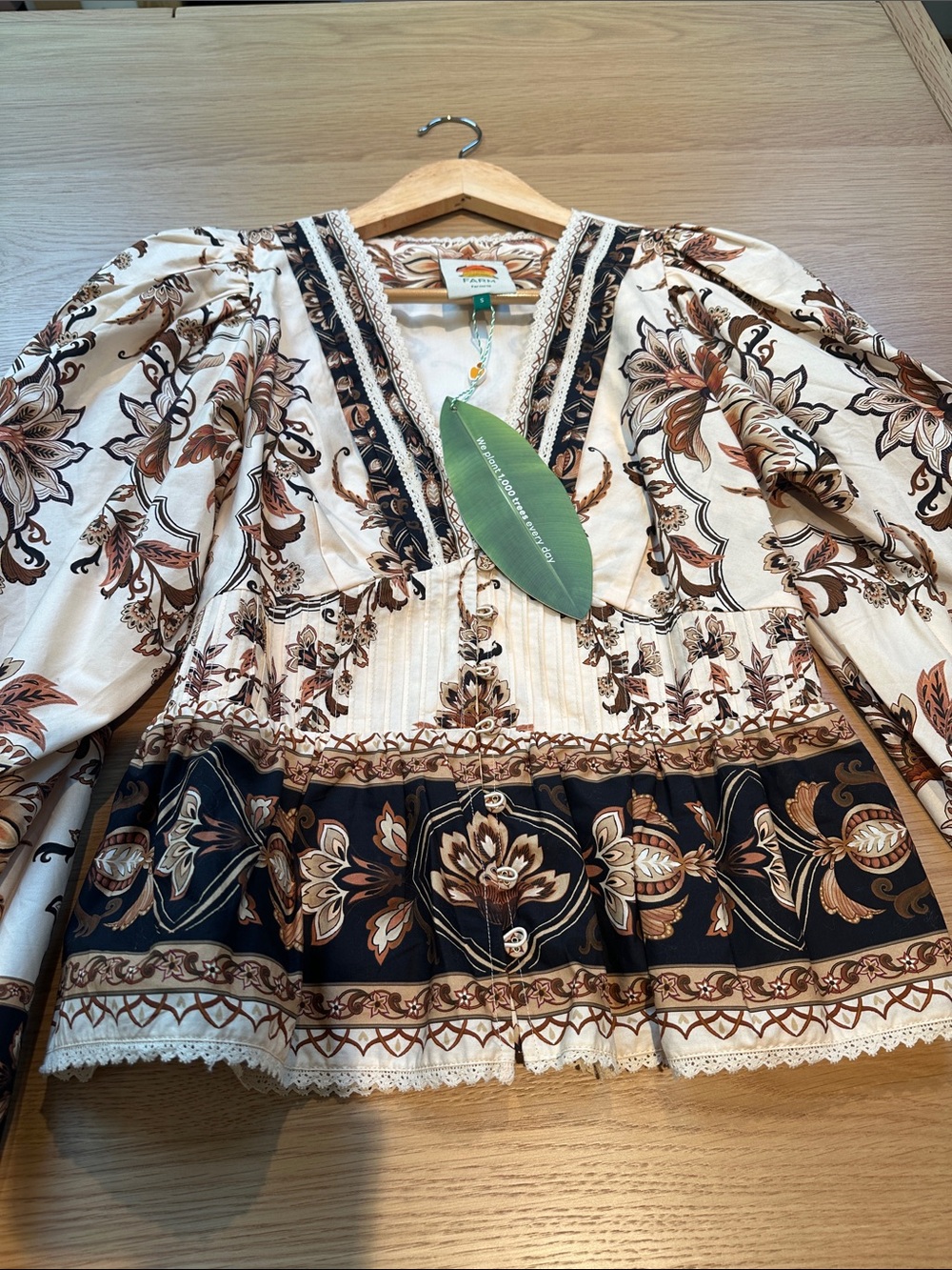 FARM Rio Cream and Brown Floral V-Neck Peasant Blouse